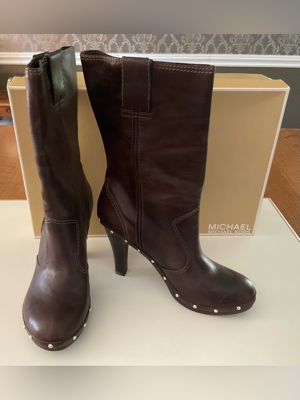 Michael Kors Dark Brown Leather Studded Mid-Calf Heeled Boots